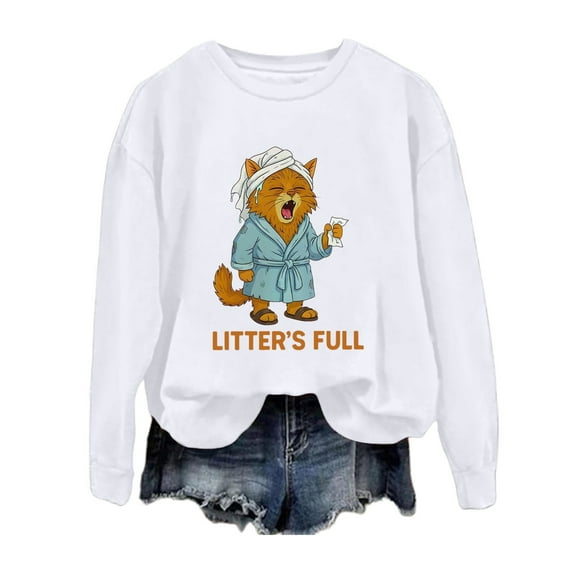 Telankuip Litter's Full Sweatshirts for Women Funny Leisure Merry Christmas Cute Cats Graphic Printed Pullovers Casual Crewneck Long Sleeve Plus Size Hoodless Top 2-White XL