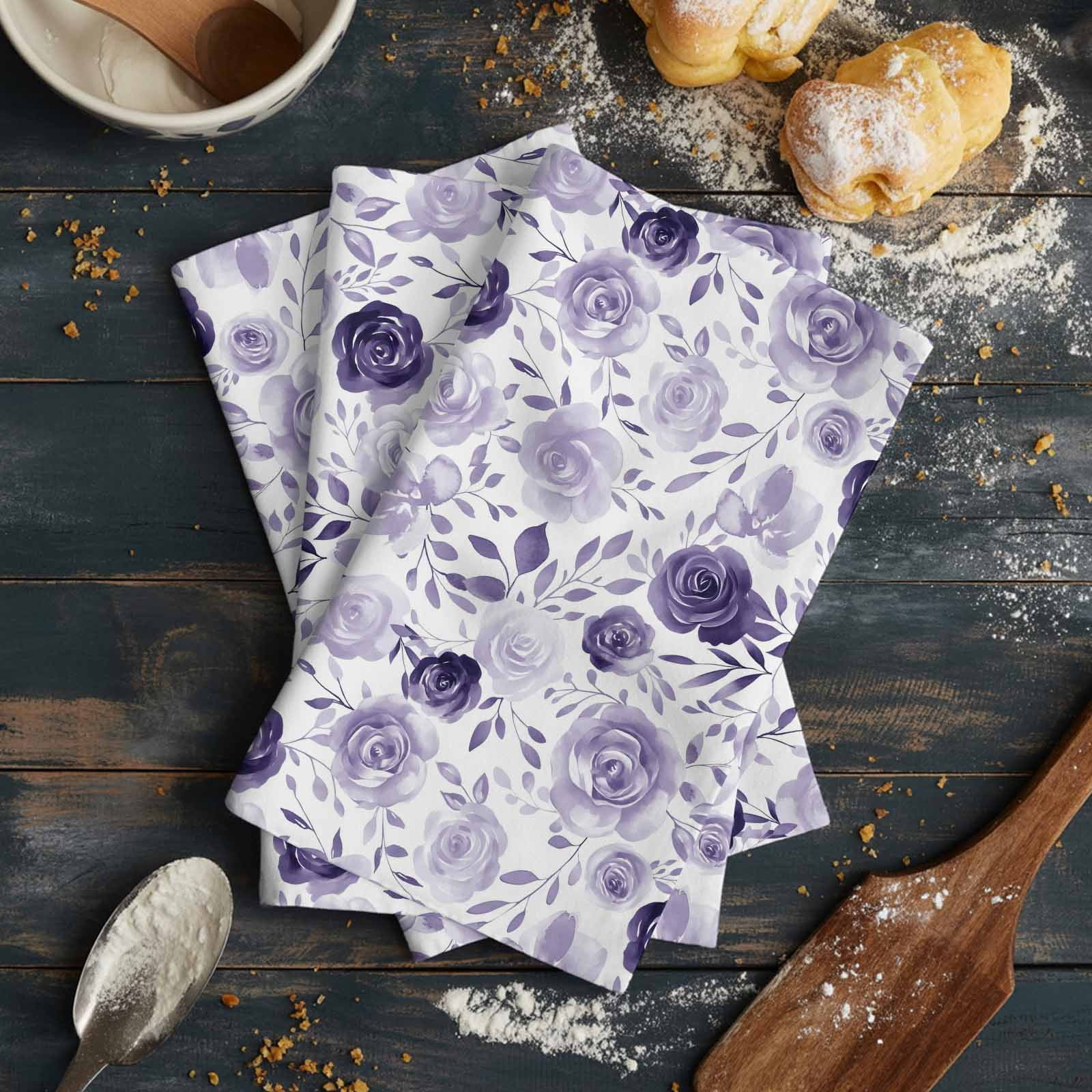 Purple Flowers Kitchen Towels Set of 3, Water Absorbent Dish Towel, Watercolor Farmhouse Botanical Floral Leaf Decorative Hand Towels - Quick Drying Cloth for Cooking Baking, 18x28 Inch