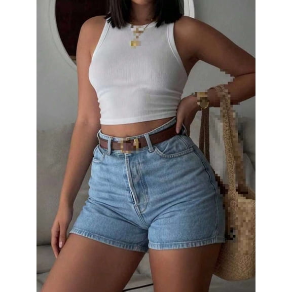Women's Casual Denim Shorts, Button And Pocket Design, Straight Leg, Medium Stretch, Bohemian Party Style