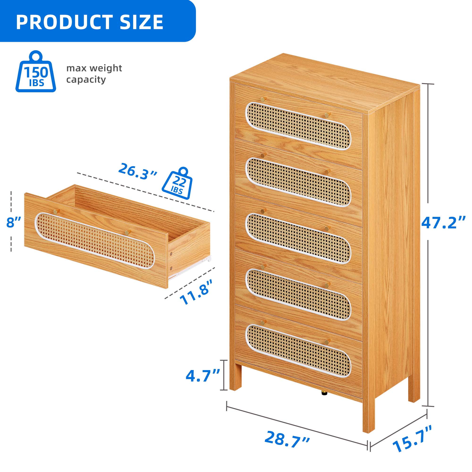 DEXTRUS 5 Drawer Dresser, 47" Tall Rattan Vertical Dresser, 5 Layers Wood Storage Cabinet Chest of Drawers, Oak