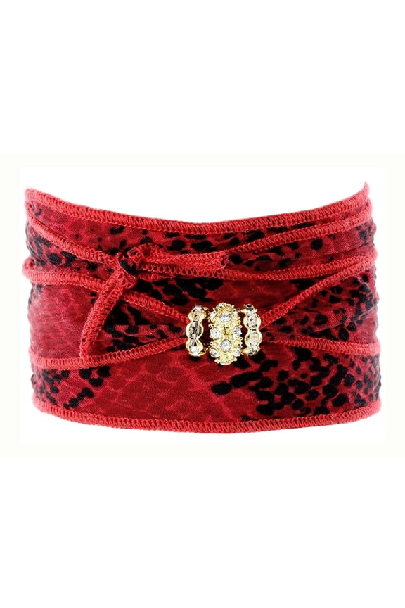 Red and Black Print Silk Wrap with Brass and Crystal Spacers Bracelet