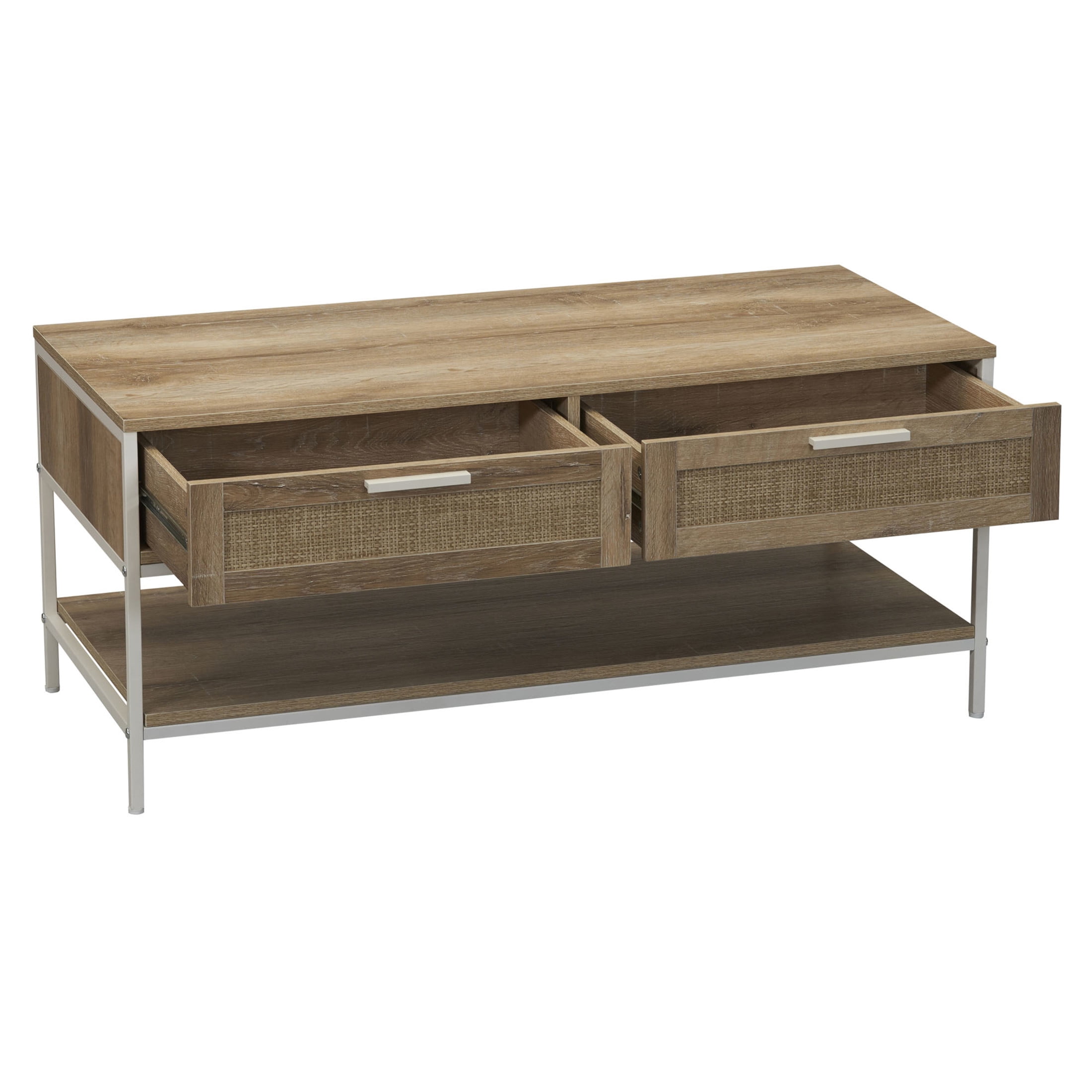 Household Essentials Bungalow Rectangular Coffee Table with Storage Shelf and 2 Drawers Coastal Oak Rustic Wood Grain Woven Front and White Metal