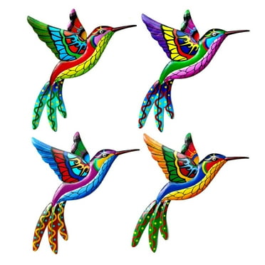 jovati Outdoor Metal Wall Art 4Pcs Metal Hummingbird Wall Art Decor, Metal Colorful Birds 3D Outdoor Sculpture Iron Outdoor Hanging Decor, Ornaments Metal Hand-Made Bird Wall Art Fence