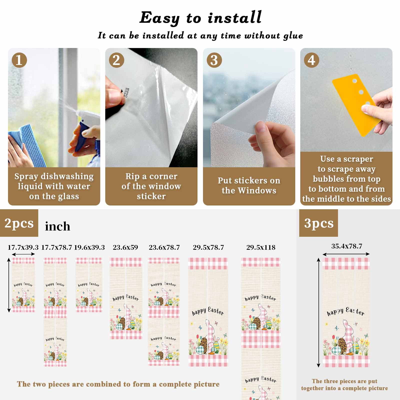 Easter Eggs Window Privacy Film, Rabbits Pink Buffalo Plaid Retro Texture Frosted Glass Window Clings Static Cling UV Heat Blocking Reusable Door Sticker for Bathroom 23.6 x 59 Inch