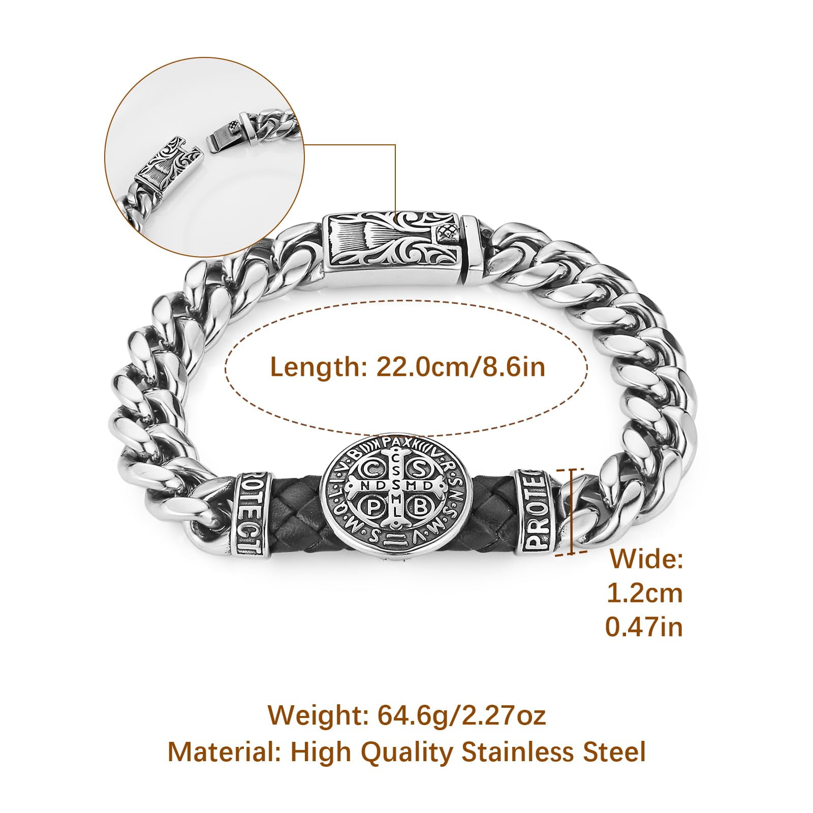 HZMAN 8.5Inch Cuban Chain Bracelet Classic Heavy Stainless Steel Bracelet for Men Biker St Benedict Cross Medal Link Bracelet Jewelry Gift