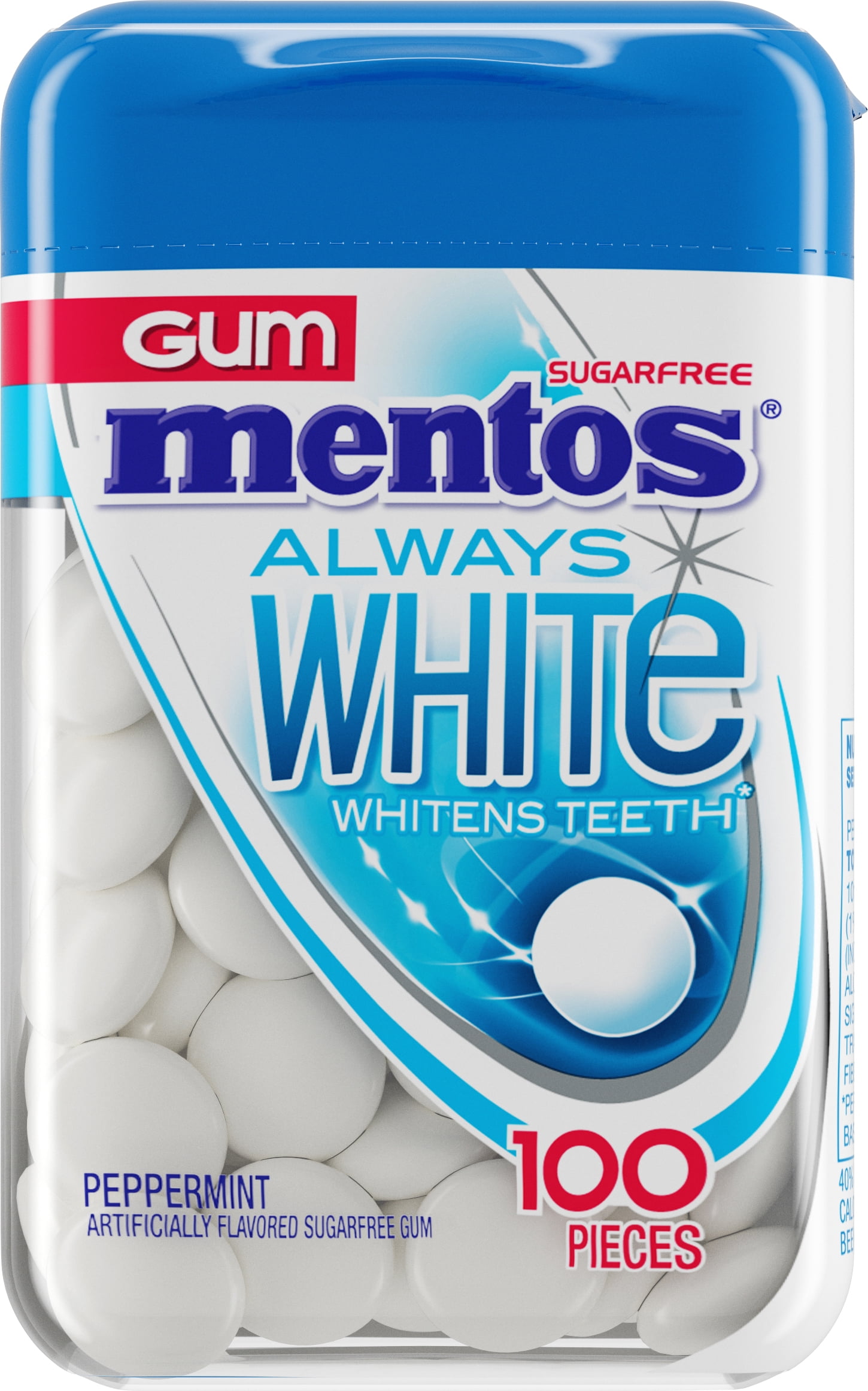 Mentos Always White Peppermint Flavored Gum, 100 Piece Bottle