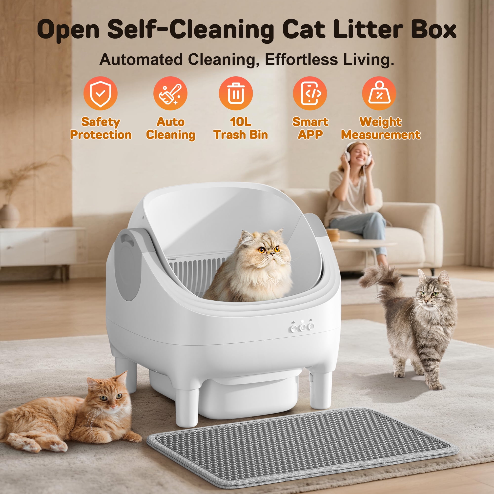 Osoeri Self Cleaning Cat Litter Box, Automatic Litter Box Self Cleaning ,Open Top Large Litter Box for Multiple Cats,with Safety Protection, APP Control,Odor Removal,Mat and Waste Bags Included, Gray