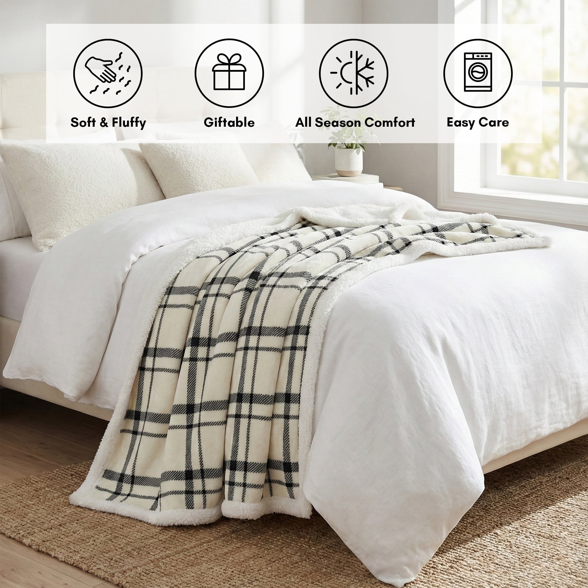 Americanflat Fleece and Reverse Sherpa Throw Blanket - 50x60 Inch Classic Tattersall Plaid - Ultra Soft Cozy Couch Cover - Warm Reversible Design - Black