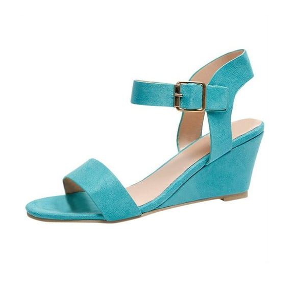 CEHVOM Women's Solid Color Round Toe Wedge Heel Buckle Suede Low Top Sandals Shoes