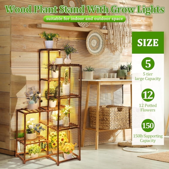 Plant Stand with Grow Lights, Wood Plant Shelf with Full  Grow Lamp for Indoor Corner, Vintage Multi Layer Lighted Stand for Living Room Balcony Display(12 Tiered Shape)