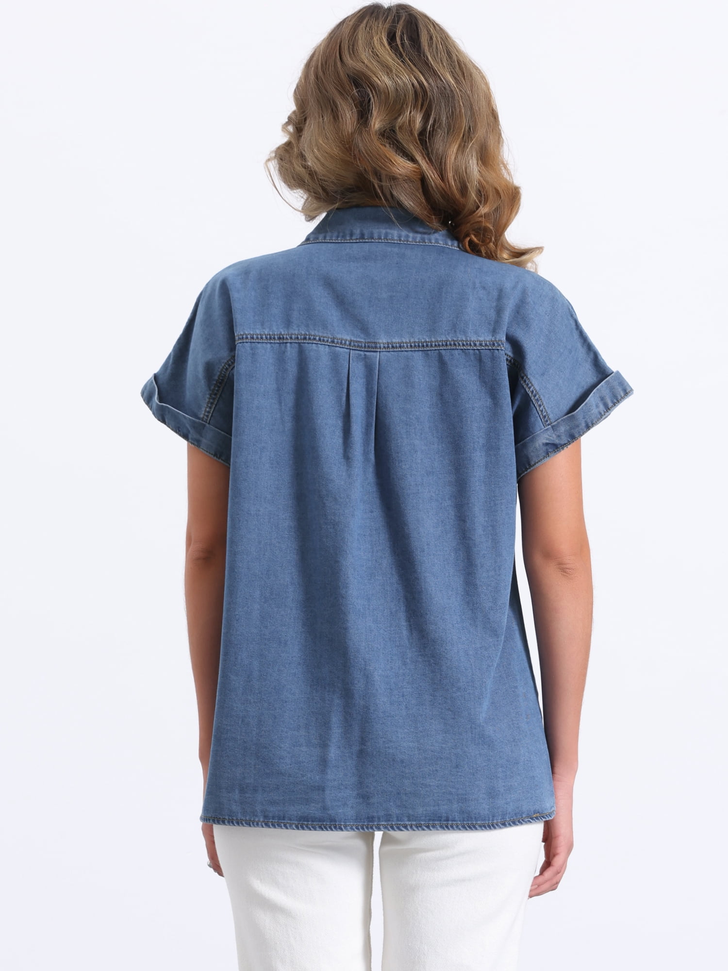 DARING DIVA Women's Denim Shirt Short Sleeve Jean Shirt Summer Tops XS Blue