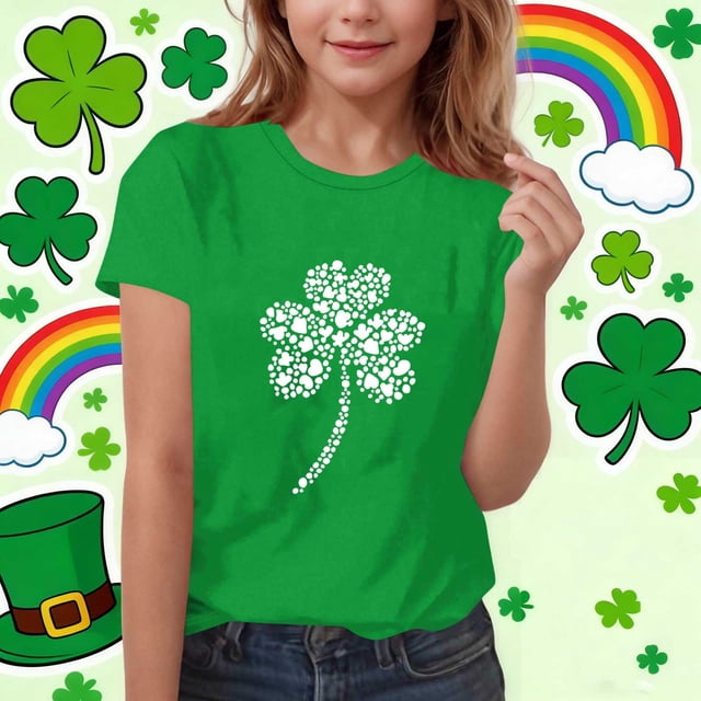 Blusas y camisas de manga corta con cuello redondo para niños Camiseta estampada del Día de San Patricio de manga corta con cuello redondo, informal, versátil, para niñas, top de poliéster