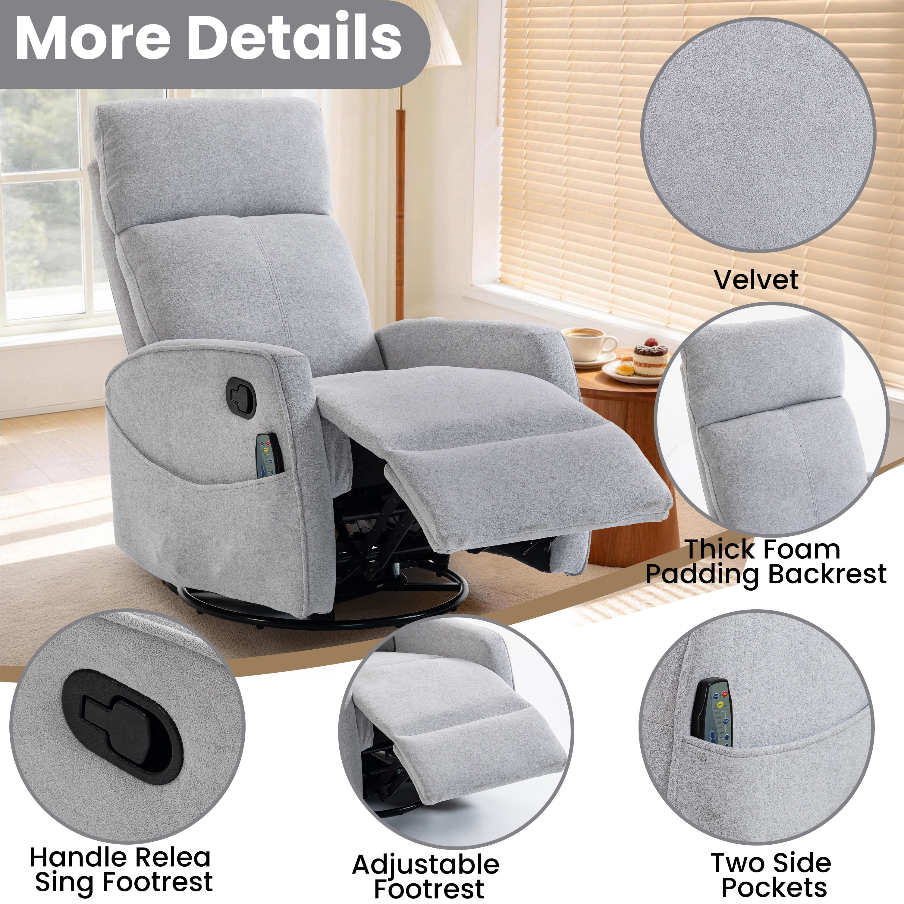 Rocker Recliner with Heat and Massage, LEGAHOME Velvet Upholstered 360° Swivel Rocking Recliner, Small Rocker Recliner with Side Pockets for Small Space, Manual Rocking Chair for Nursery, Gray