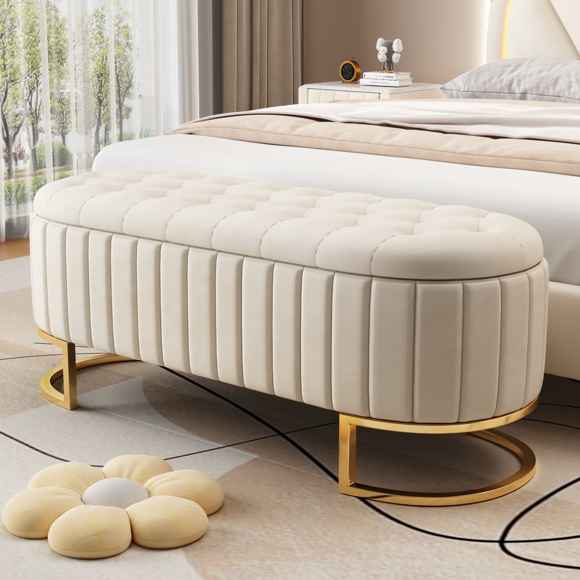 Euroco Upholstered Velvet Storage Ottoman Bench,End of Bed Bench with Metal Legs,Storage Chest for Bedroom,Living Room,Entryway,Beige