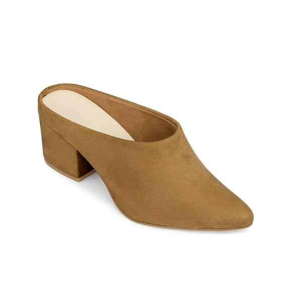 BLISSFUL STEP Women's Block Heels Pointed Toe Slip on Slide Mules Brown 7