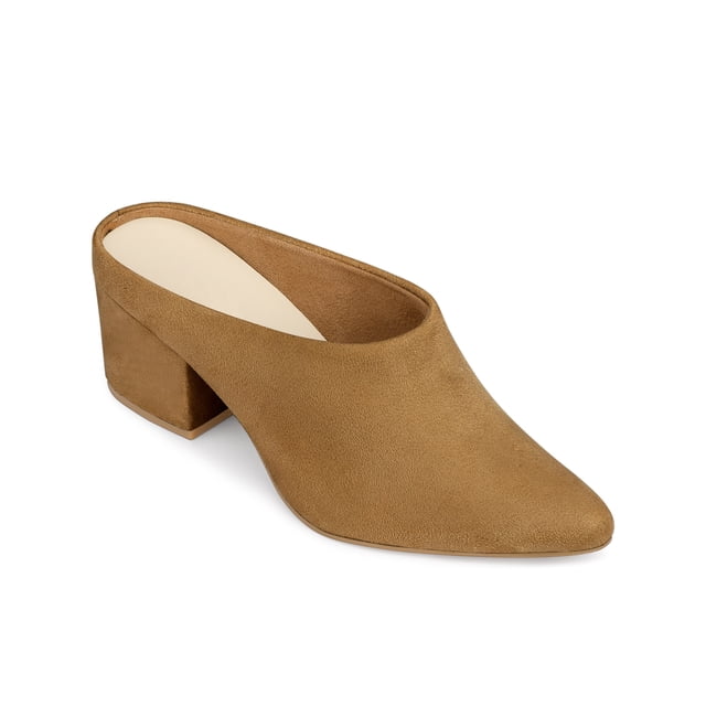 BLISSFUL STEP Women's Block Heels Pointed Toe Slip on Slide Mules Brown 7