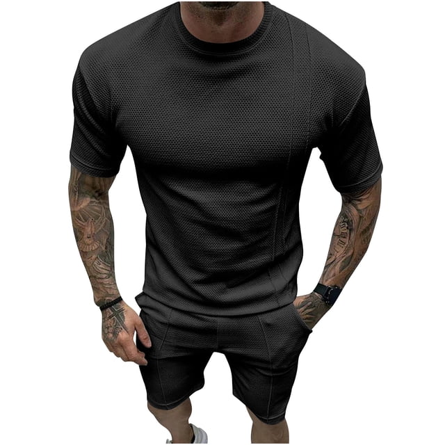 TIMIFIS Mens Outfits 2 Piece Summer Tracksuit Casual Crew Neck Solid Color Muscle Short Sleeve Tee Shirts and Classic Sport Shorts Set - Spring/Summer