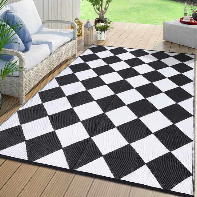 Nanan 10x14 Waterproof Outdoor Rug, Classic Checkered Pattern, All-Weather Patio Mat, UV Resistant, Stain Resistant, Easy Clean Plastic Rug for Yard, Deck, Balcony, Camping,Black White