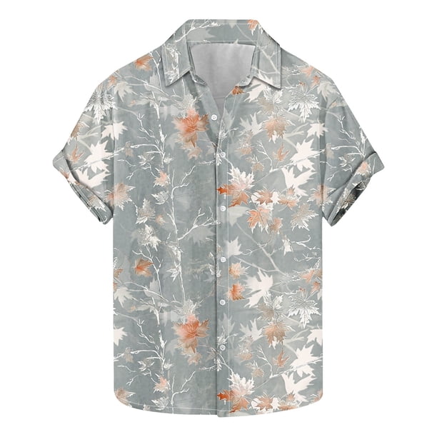 Blusa y camisa de manga corta con cuello vuelto para hombre, camisa informal de moda con estampado de hojas y solapa de manga corta, blusa para hombre