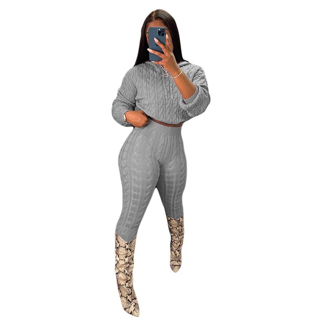 CN0193 European and American Women‘s High Elastic Solid Color Anti-Pilling Knitwear Sweater Set Two-Piece Set