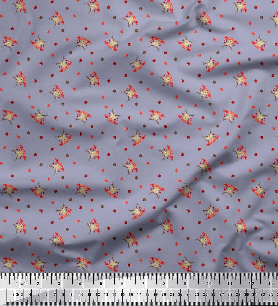 Soimoi Grey Poly Georgette Fabric Reindeer Face & Baubles Christmas Print Fabric by the Yard 52 Inch Wide