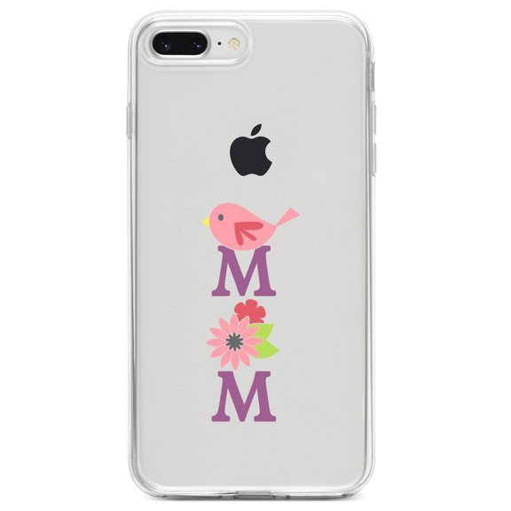 DistinctInk Clear Shockproof Hybrid Case for iPhone 7 PLUS / 8 PLUS (5.5" Screen) TPU Bumper Acrylic Back Tempered Glass Screen Protector - Mom - Pink Bird & Flowers