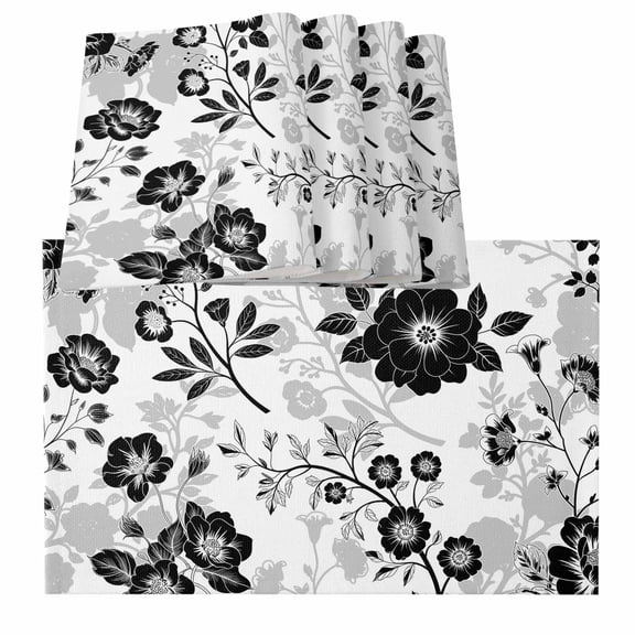 Vintage Flowers Placemats for Dinning Table Set of 6, Black White Farmhouse Floral Plants Burlap Kitchen Place Mats Waterproof Cloth Table Mats, Indoor Outdoor Placemats Easy Clean Dinner Decor