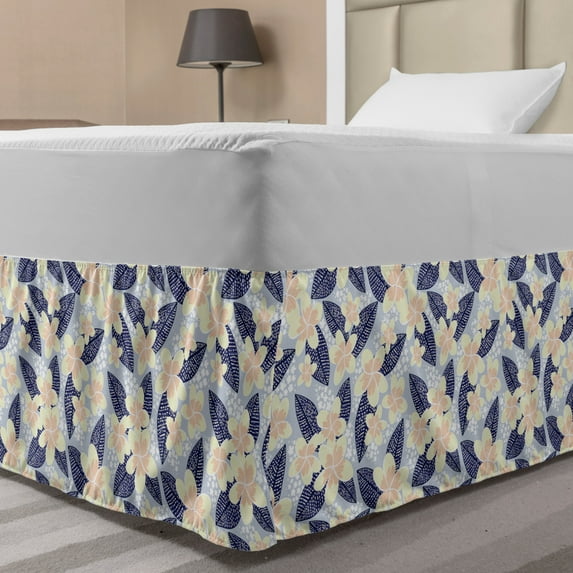 Floral Bed Skirt, Frangipani and Leaves Details Plumeria Pastel Colored Pattern, Elastic Bedskirt Dust Ruffle Wrap Around for Bedding Decor, 4 Sizes, Pale Ceil Blue and Multicolor, by Ambesonne