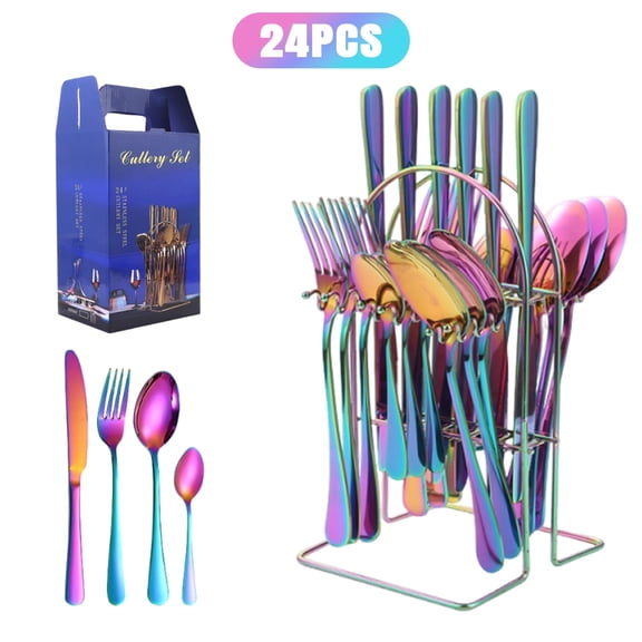 COMOPIO 24-Piece Rainbow Stainless Steel Flatware Set – Colorful Knives, Forks & Spoons with Holder, Mirror-Polished Cutlery for 6