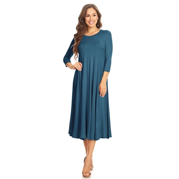 Women's Casual Basic Comfy 3/4 Sleeve Flare A-line Midi Long Maxi Dress
