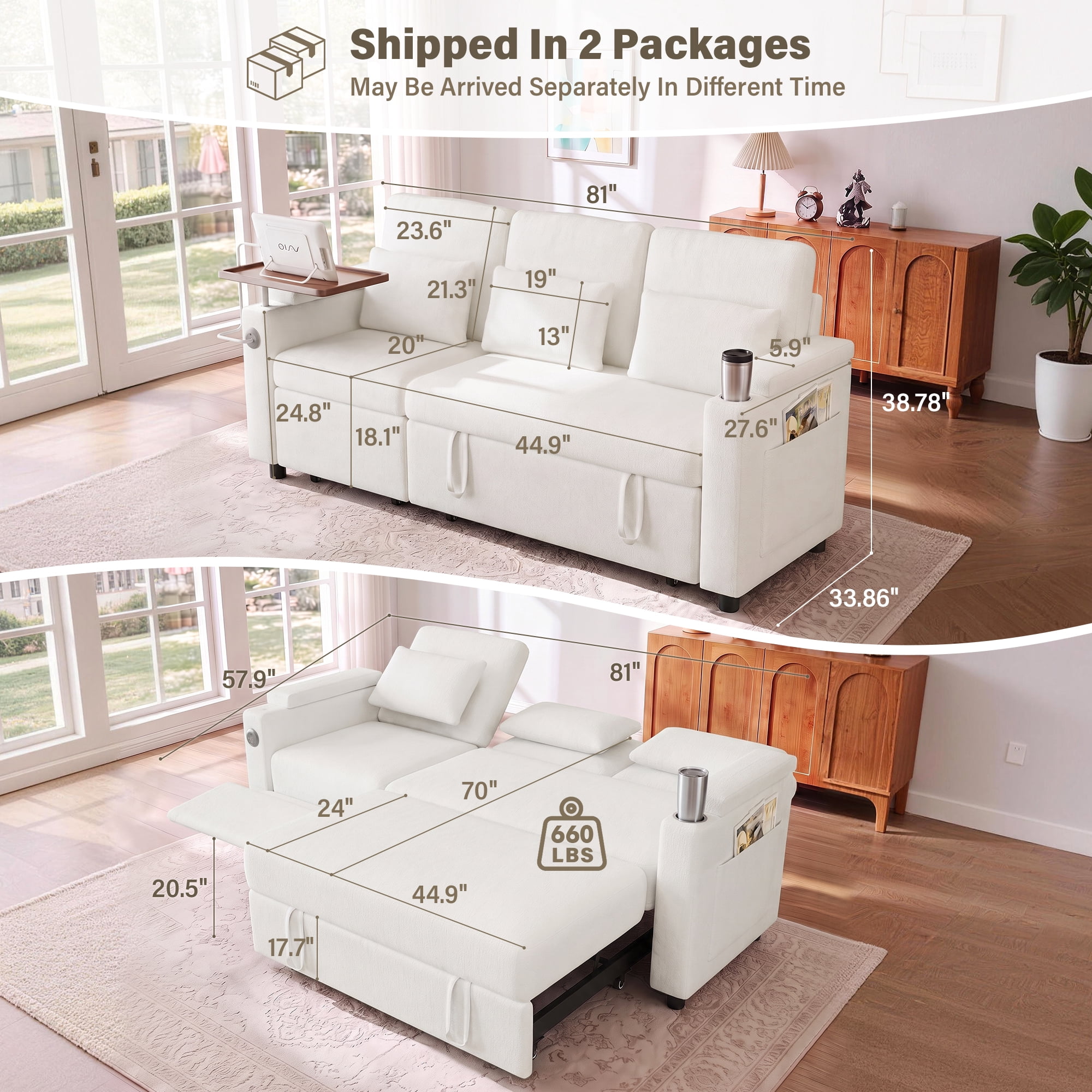Aukfa 81" Convertible Sleeper Sofa,Chenille 3-in-1 Sofa Bed with Recliner,Center Table,USB Ports & Storage Armrests,White