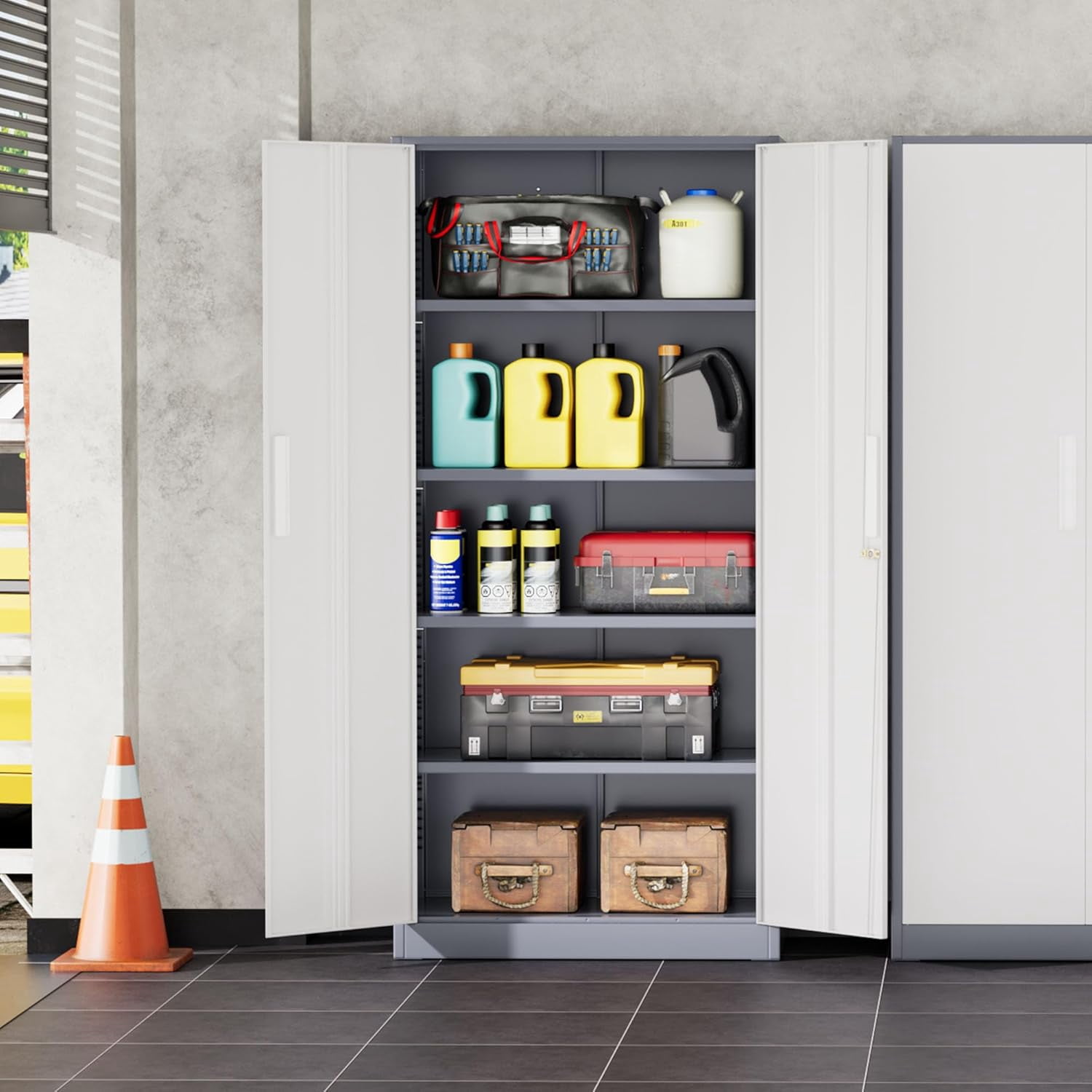 SOLAURA Metal Storage Office Cabinets with Locking Doors and Adjustable Shelves, 71 inch Tall Steel Storage Cabinet for Office, Home (Gray White)