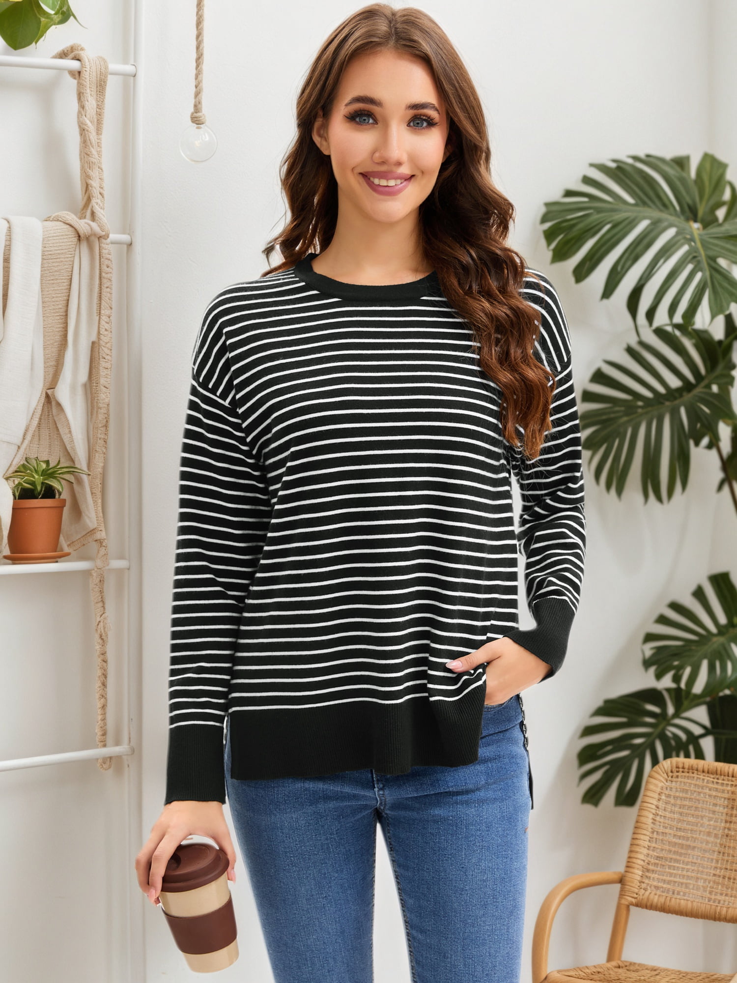 DARING DIVA Women's Striped Side Slits Long Sleeve Pullover Knit Tops L Black-white