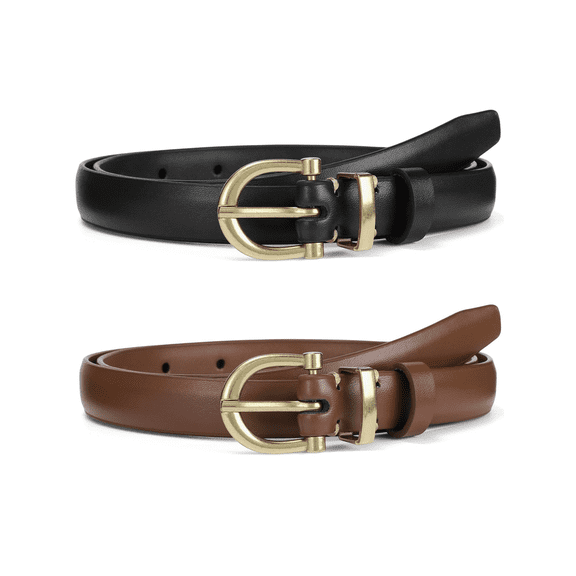 KALUNMA 2 Pack Women Leather Belt for Jeans Pants Dresses Fashion Thin Ladies Waist Belts with Gold Pin Buckle