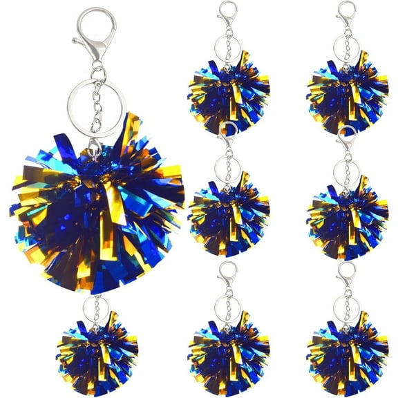 8pcs Cheer Pom Pom Keychains Glitter Blue Golden Pom Poms Cheerleading Keyring Charm Foil with Keychain Hooks for Women Teens Bag Pendant Accessories Cheerleader Gifts