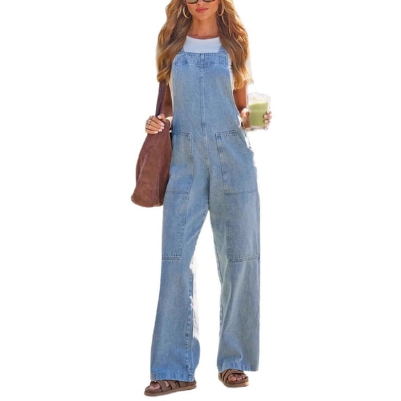 Vivianyo HD Women's Adjustable Strap Denim Overalls, Casual Loose Wide Leg Jumpsuit With Front Patch Pockets, Women's Light Blue, Sizes S-2XL