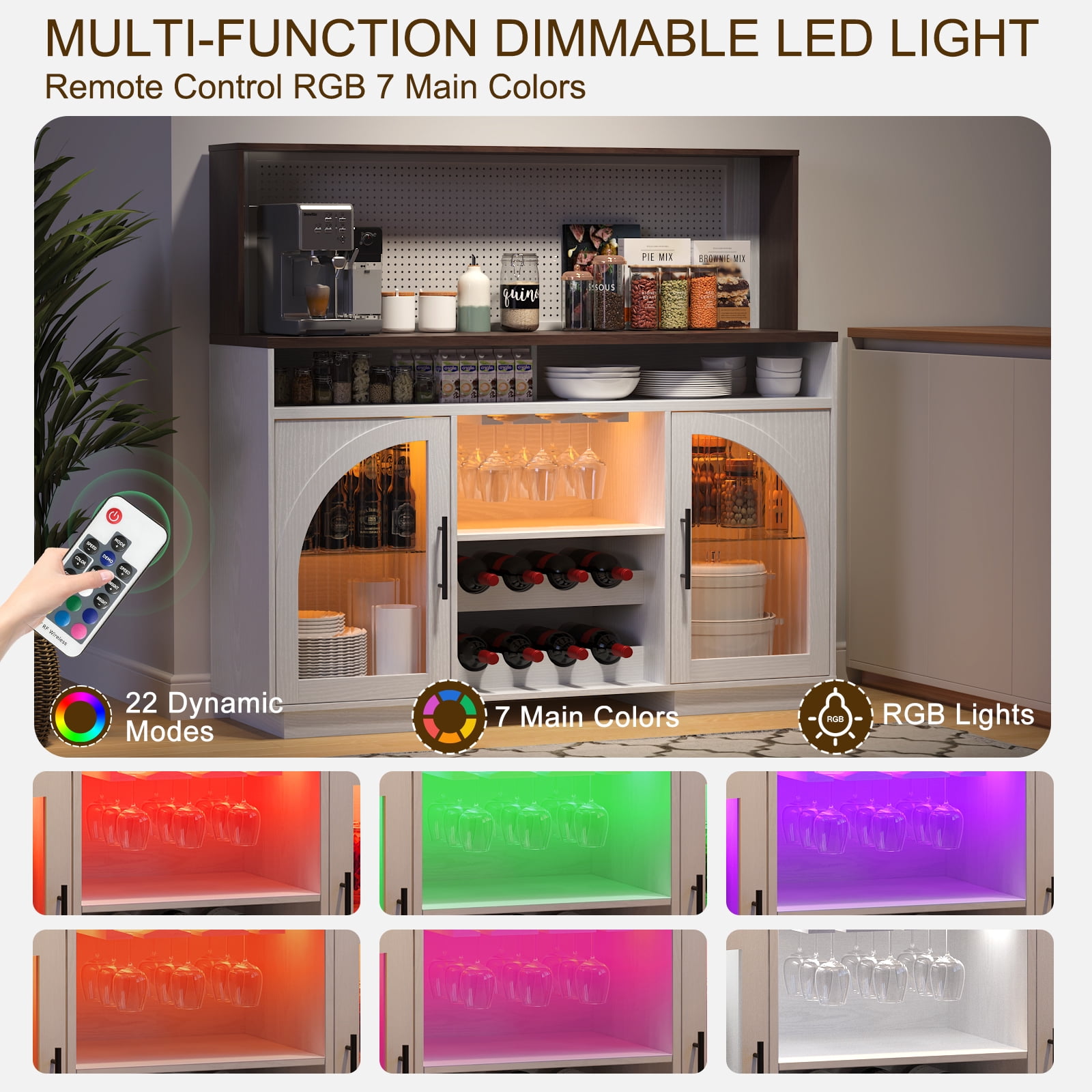 54" Coffee Bar Cabinet with LED Light,Wine Bar Cabinet,Kitchen Hutch Cabinet for Dining Room,White