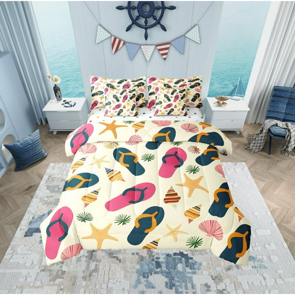 Erosebridal Slippers Print Bedding Sets Twin Size, Flip Flops Comforter Sets with Sheets, Cute Starfish Reversible Bed Set, Lightweight Bedroom Decor, 7 Pieces