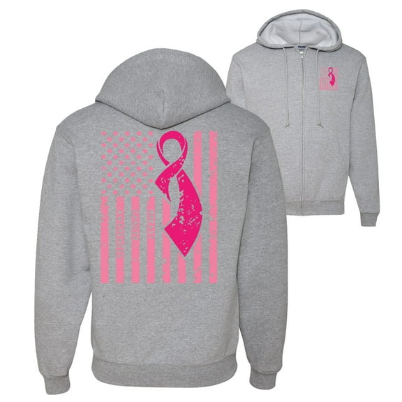 Wild Bobby, American, Breast Cancer Awareness, Flag, Breast Cancer Awareness, Front and Back Graphic Zip Up Hoodie Sweatshirt, Heather Grey, Large