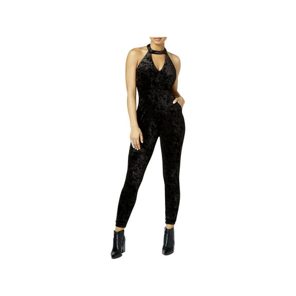 The Edit Womens Juniors Halter Sleeveless Velvet Jumpsuit