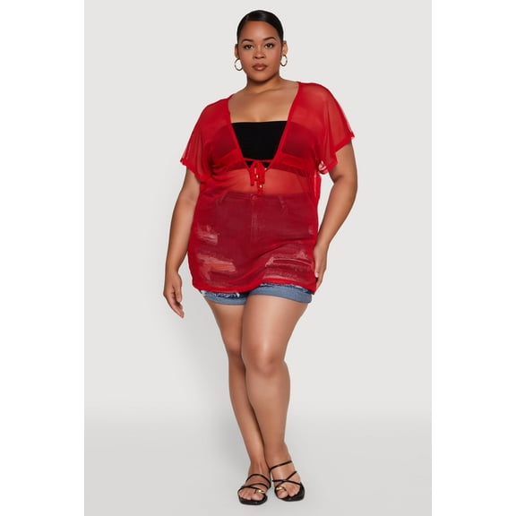 Womens Plus Size Mesh Tie Front Cover Up