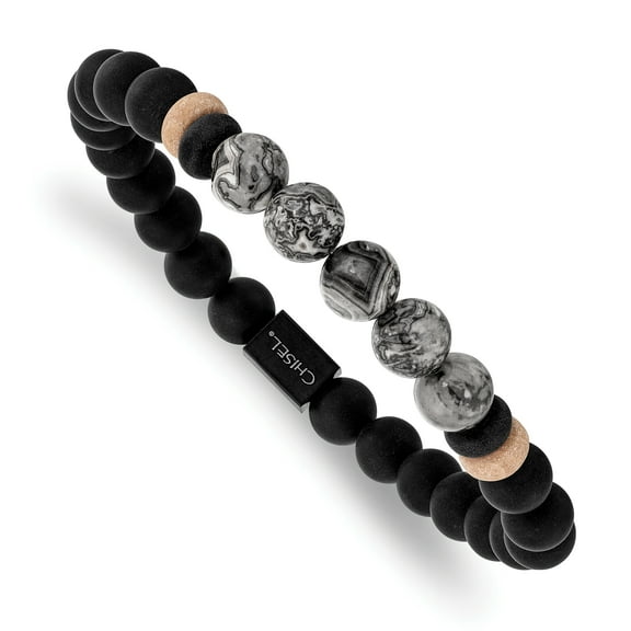 Primal Steel Stainless Steel Polished Black IP-plated Black Agate and Grey Jasper Stretch Bracelet