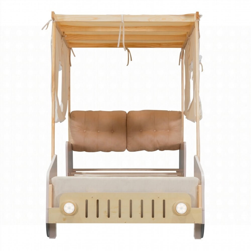 Twin Size Solid Wood Platform Bed Frame with Ceiling Cloth and LED, Natural