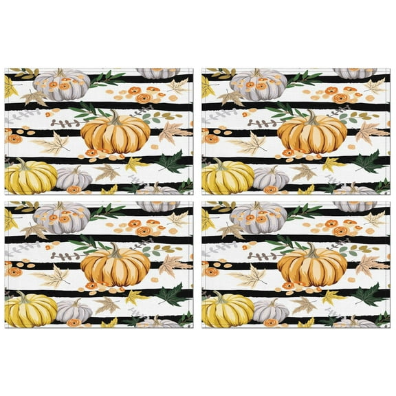 Thanksgiving Dinner Placemats Set of 4, Durable Linen Table Mats with Pumpkin, Turkey, and Sunflower Pattern, Machine Washable Heat Resistant Rustic Fall Dining Decor