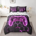 thumbnail image 2 of jejeloiu Cute Console Gamepad 7pcs Bedding Comforter Set,Geometric Honeycomb Hexagon Queen Bedding Sets,Purple Black Queen Sheet Sets For Girls Boys,Super Cozy Room Decor Reversible, 2 of 8