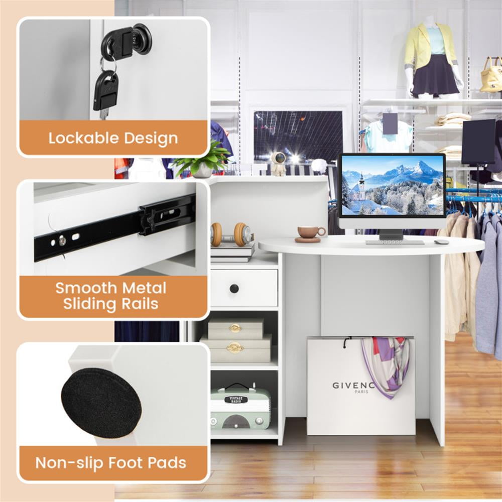 Demi Bonn Front Reception Office Desk with Open Shelf and Lockable Drawer, Small Home Computer Desk Study Writing Table, White