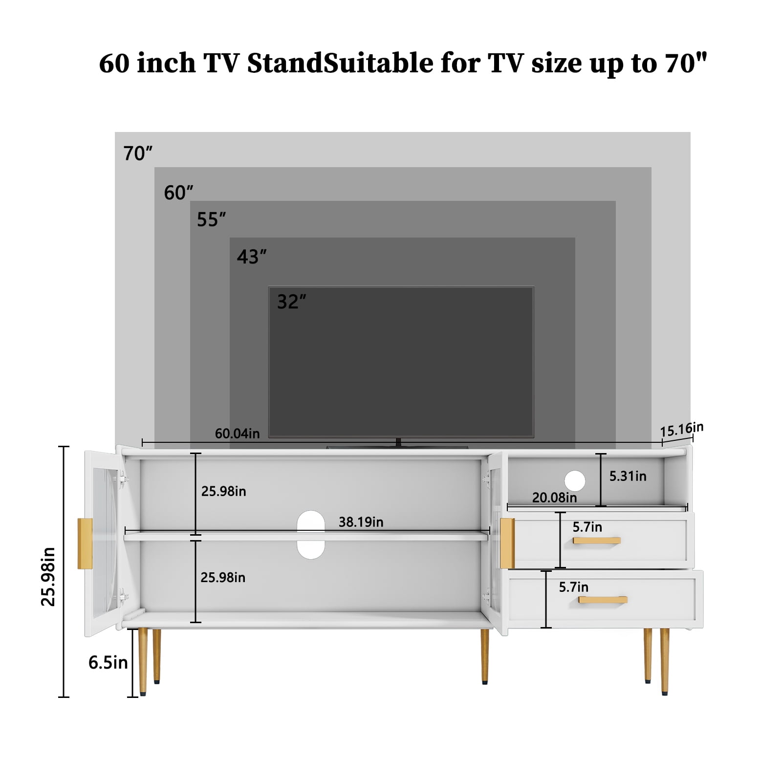 HLR Modern 60” TV Stand for 65-inch TVs with Glass Door & Drawers, Entertainment Center with Storage, Living Room, White