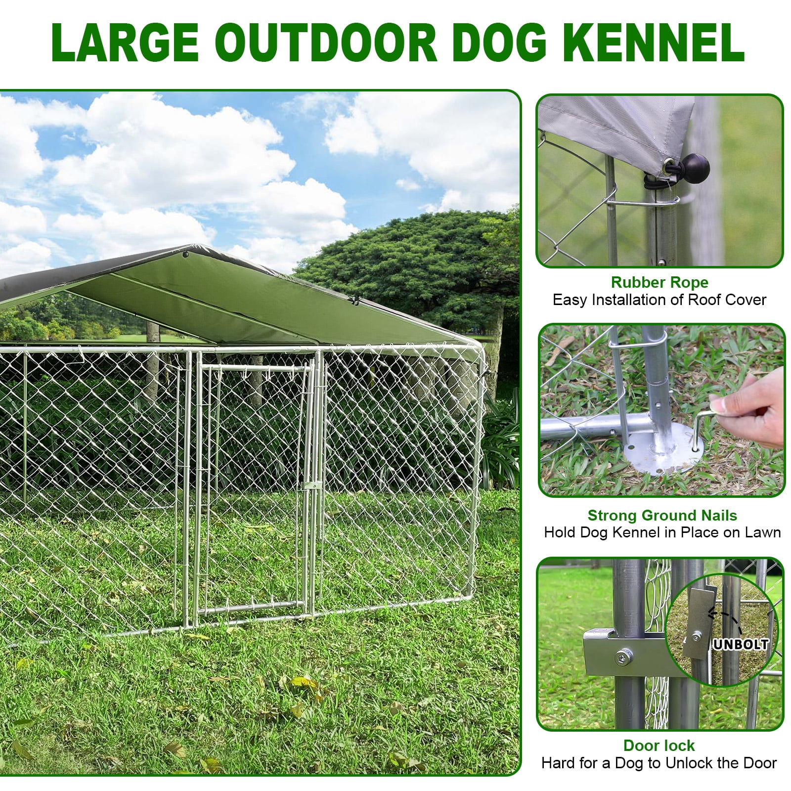Jarbalai 10 x 10ft Large Outdoor Covered Dog Kennel with Roof Heavy Duty Outside Dog Run Enclosure