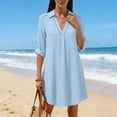 thumbnail image 4 of ClodeEU Women's Cotton Linen Lace Lapel V Neck Short Sleeve Shirt Dress,Casual Beach Cover Up Loose Dress Blue,Women's Plus XXL, 4 of 8