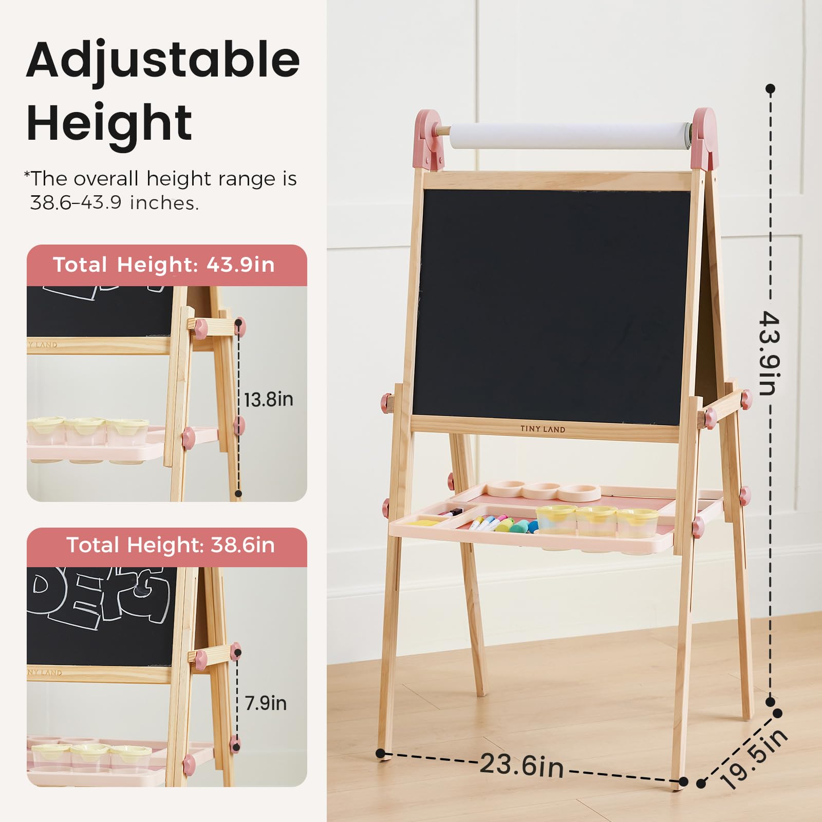Tiny Land Easel for Kids, Double-Sided Magnetic Easel with Drawing Accessories, Adjustable Wooden Kids Art Easel with Paper Roll, Learning-Toy for 3-8 Years Old Boy & Girls Pink